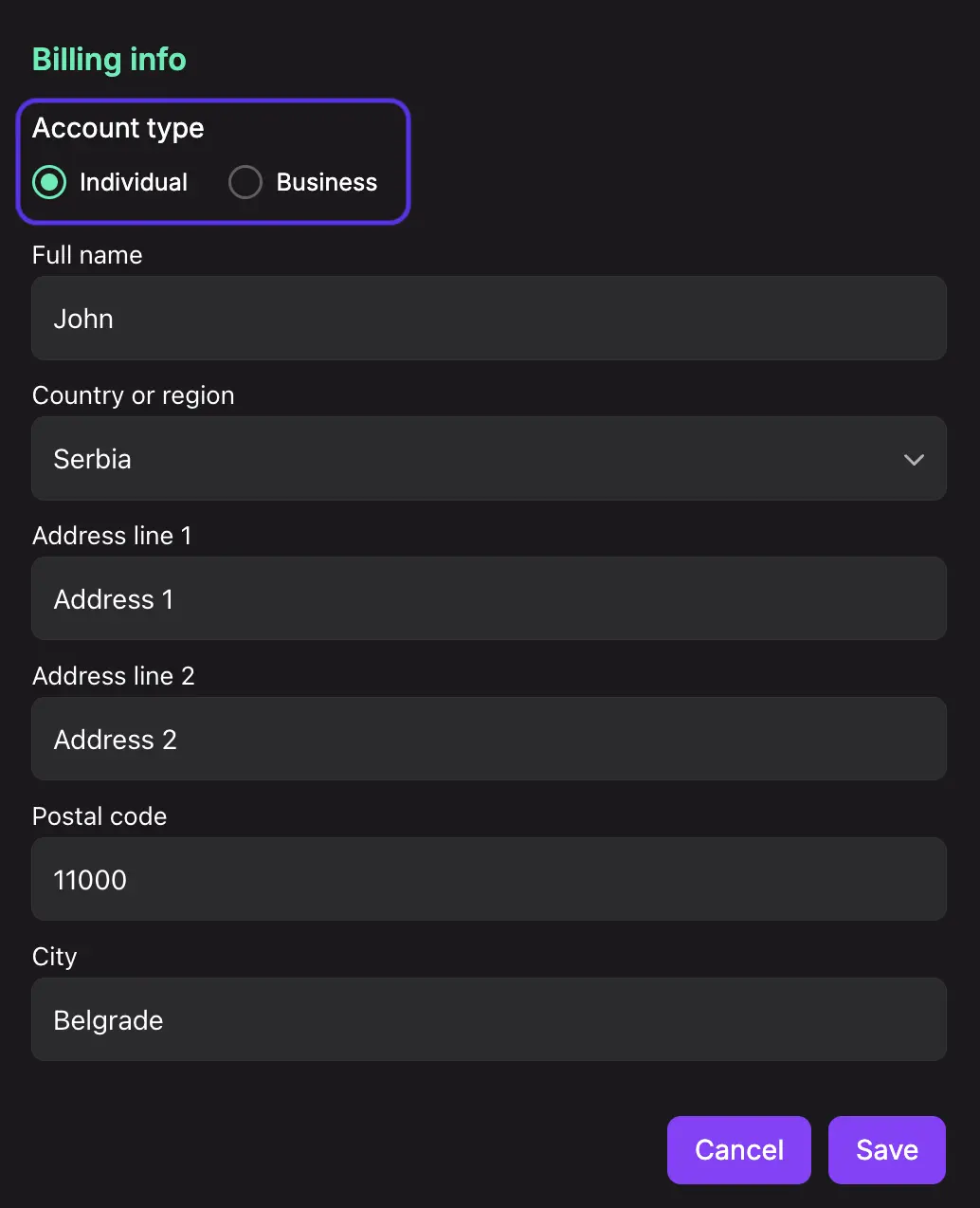 Billing info modal ccount