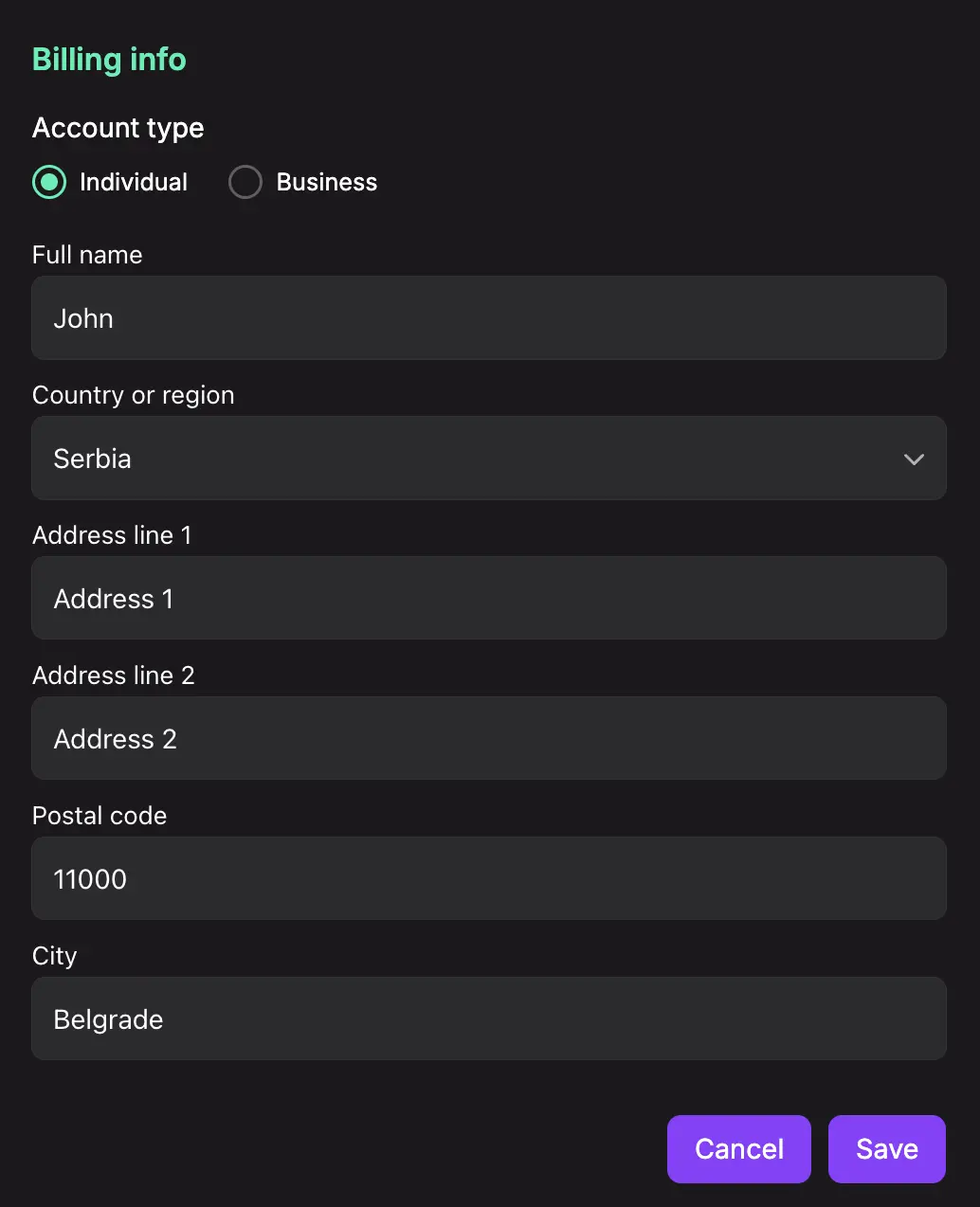 Billing info modal