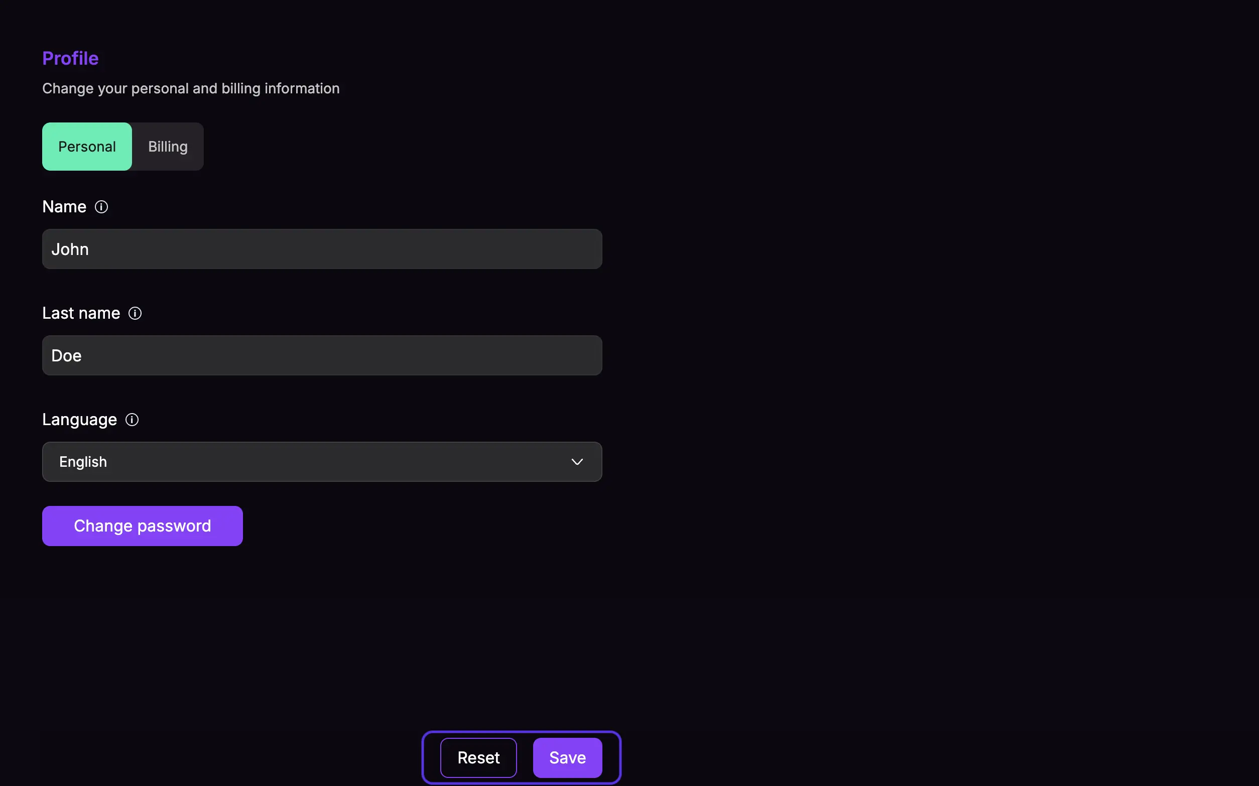 Save and reset buttons