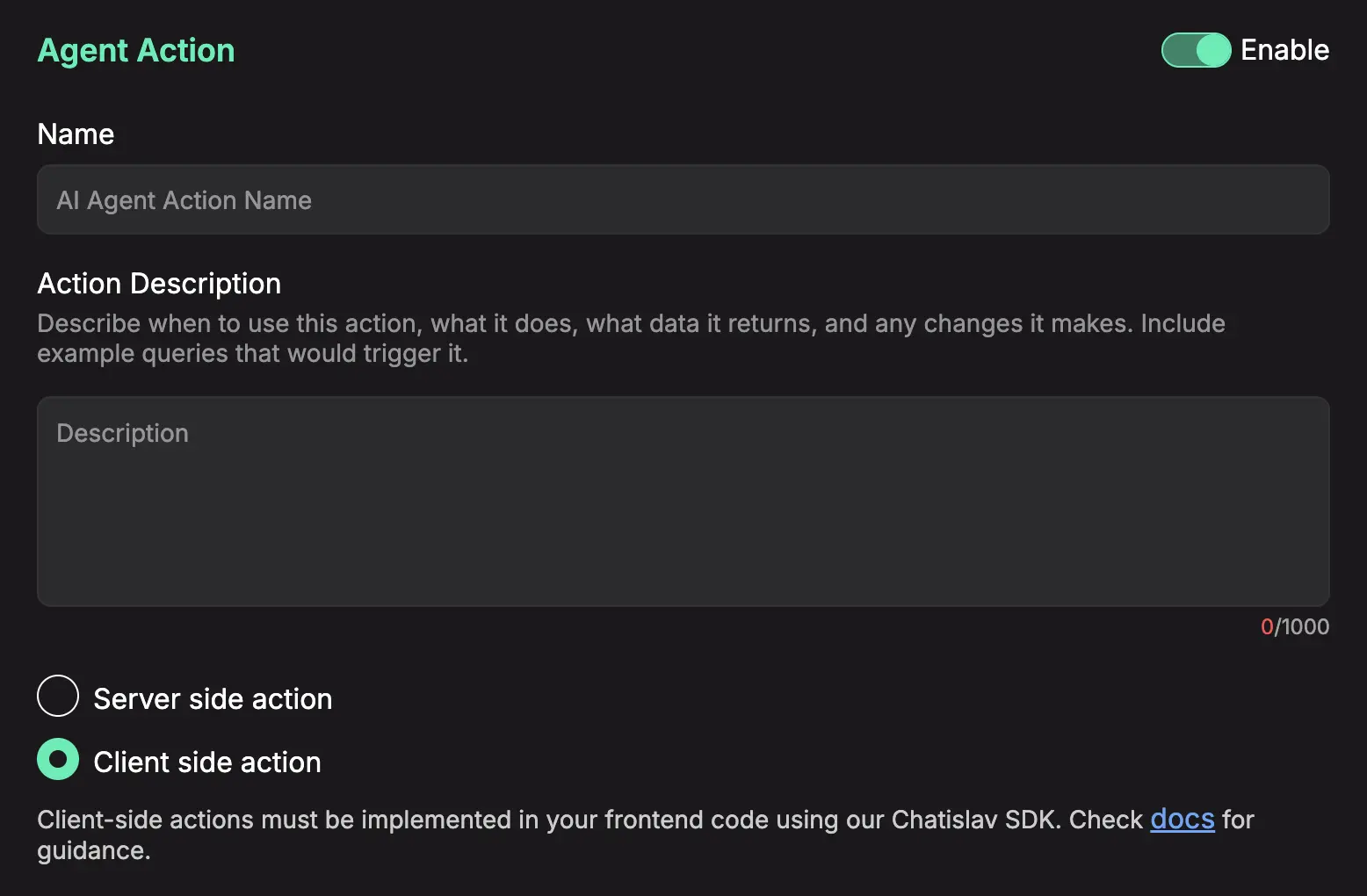 agent actions create modal