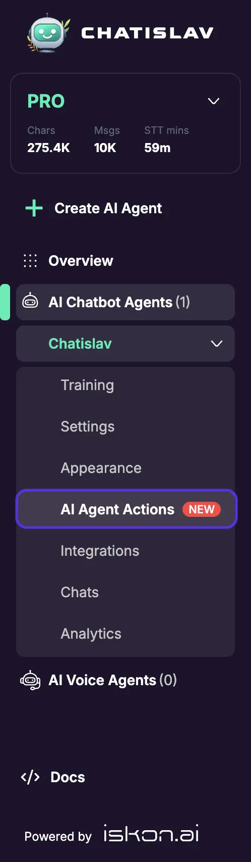 agent actions sidebar item