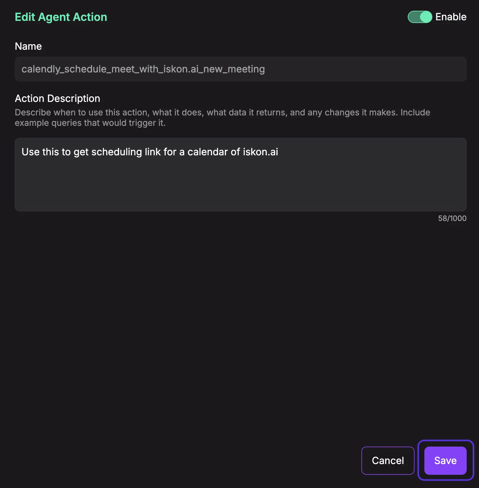 Calendly action edit modal