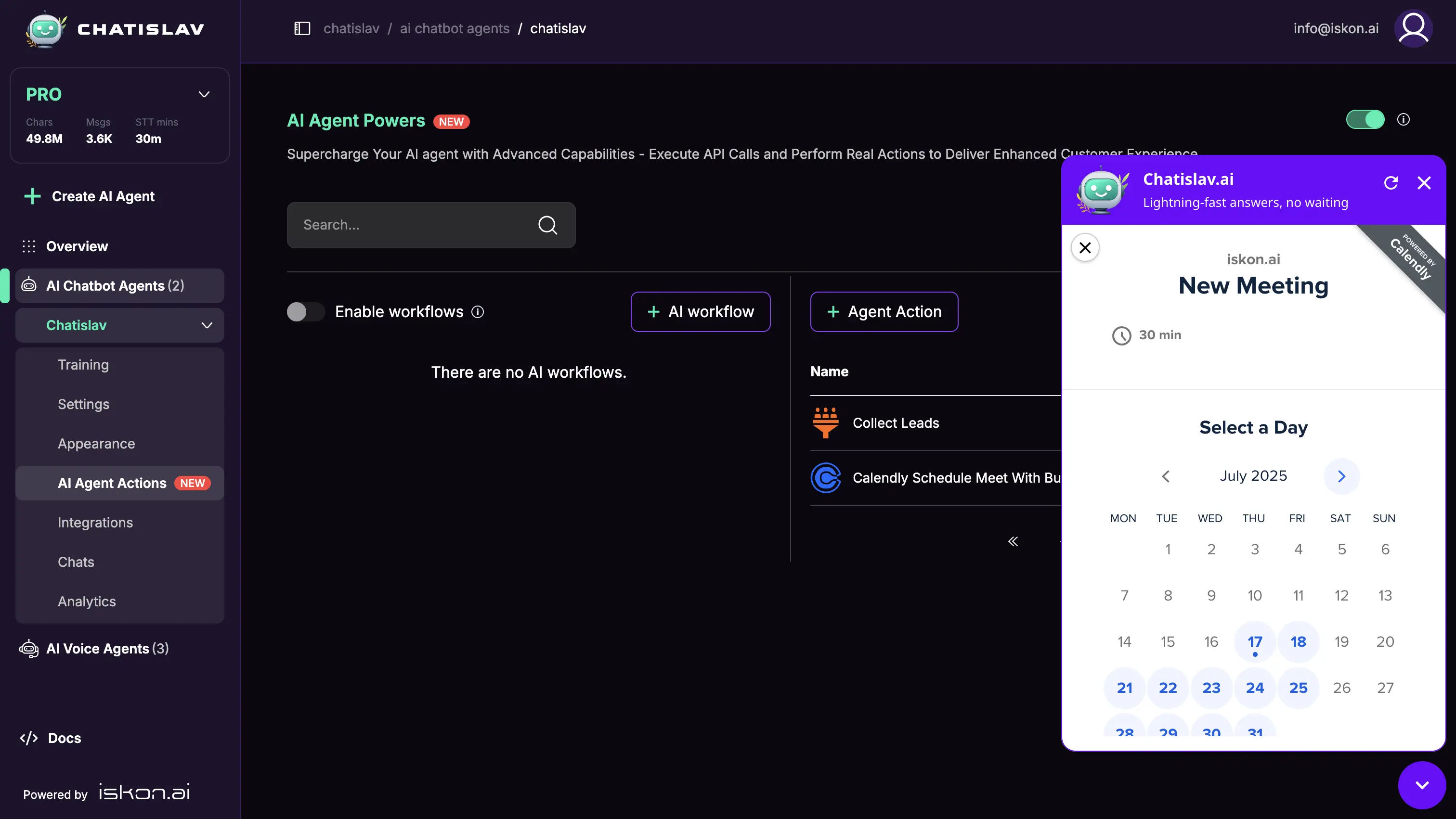 Calendly action preview in chat interface