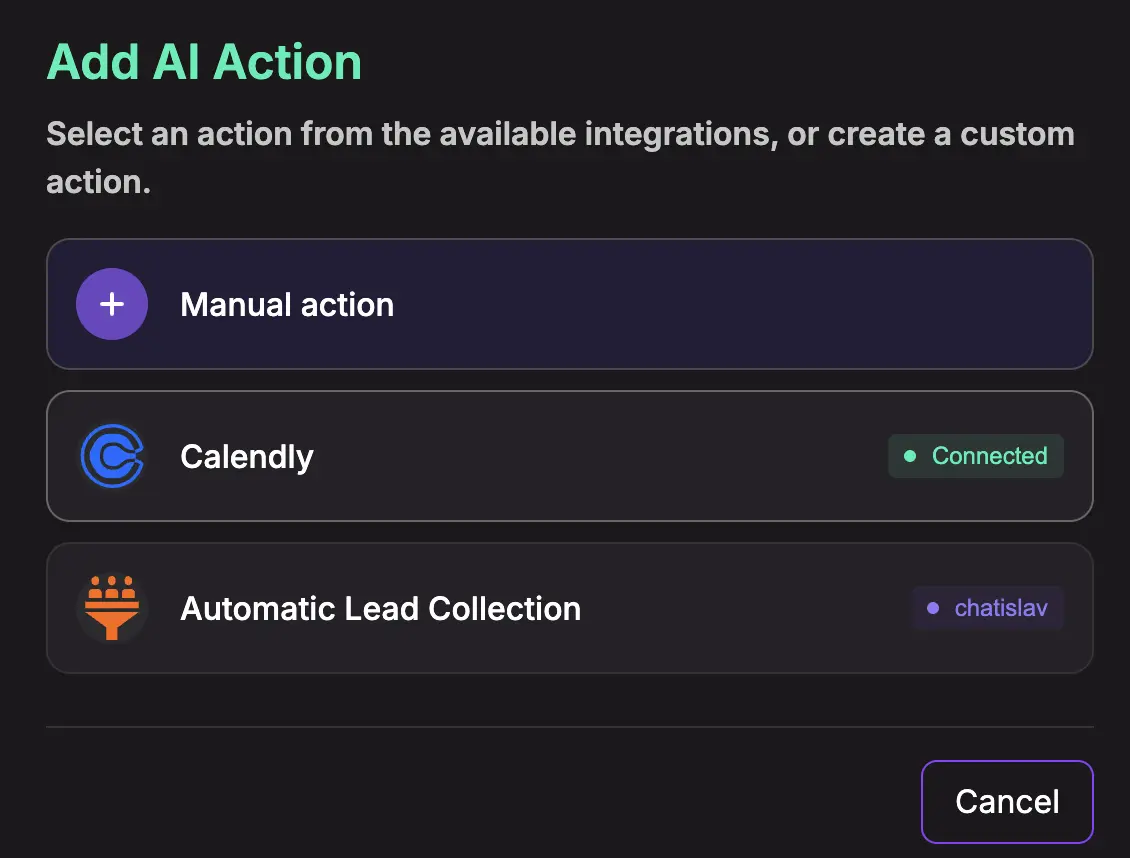 Calendly action selection modal