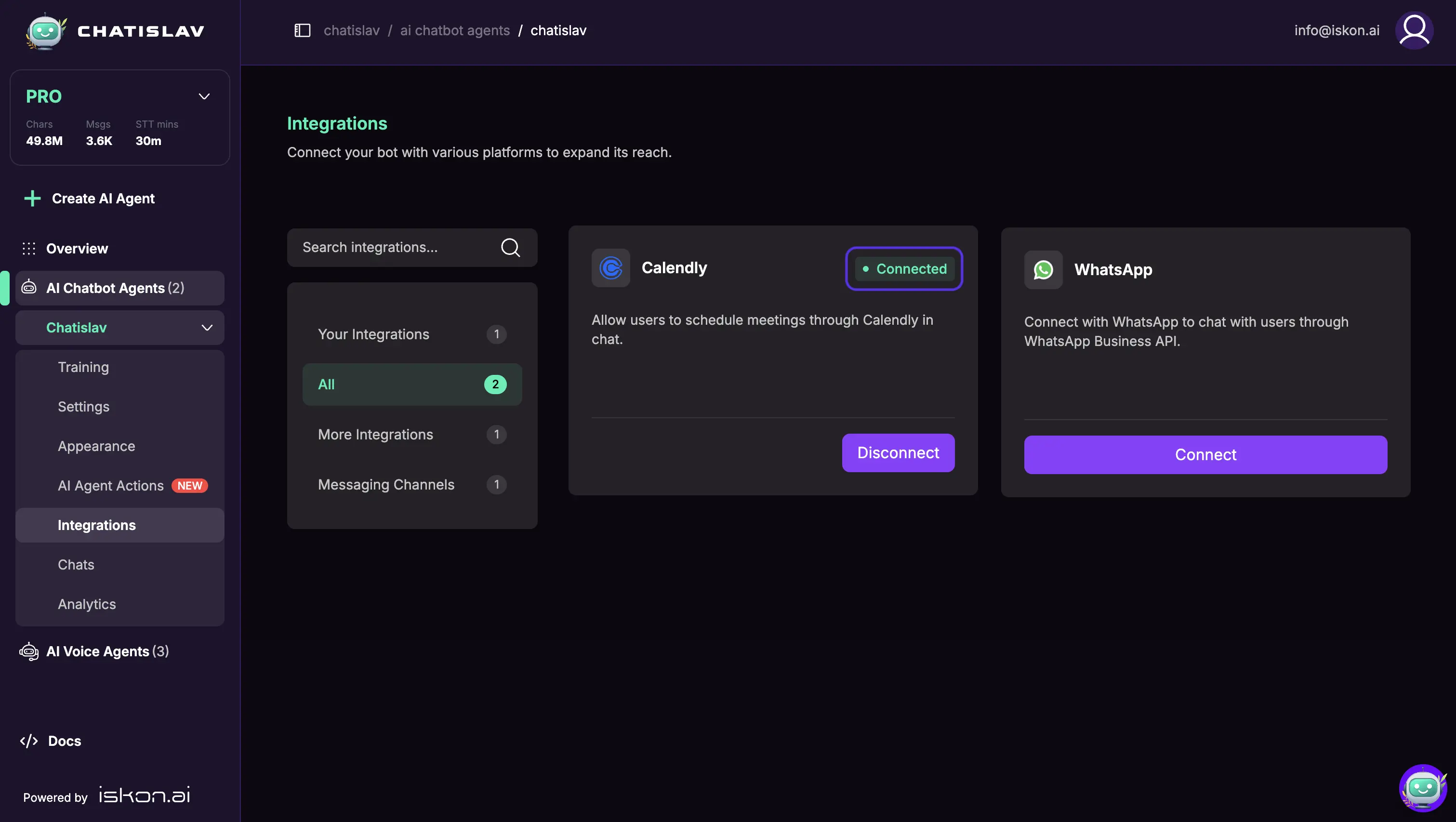 Calendly integration showing connected status