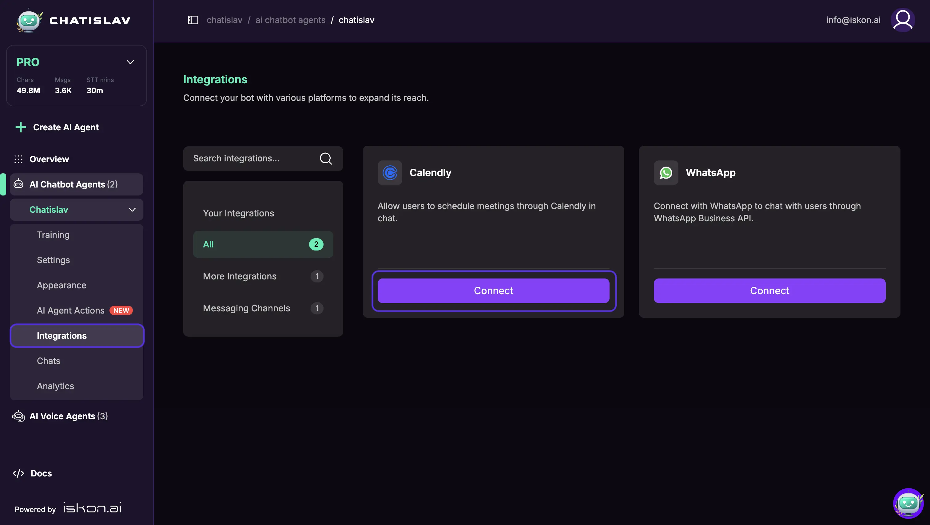 Calendly integration screen showing available integrations