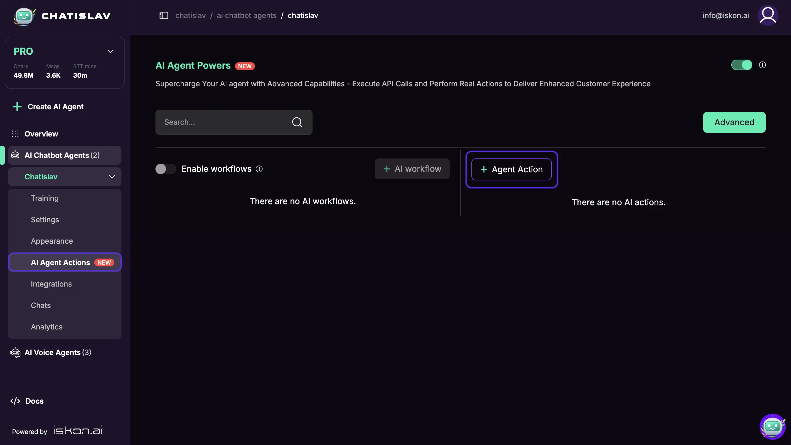 AI Agent actions screen