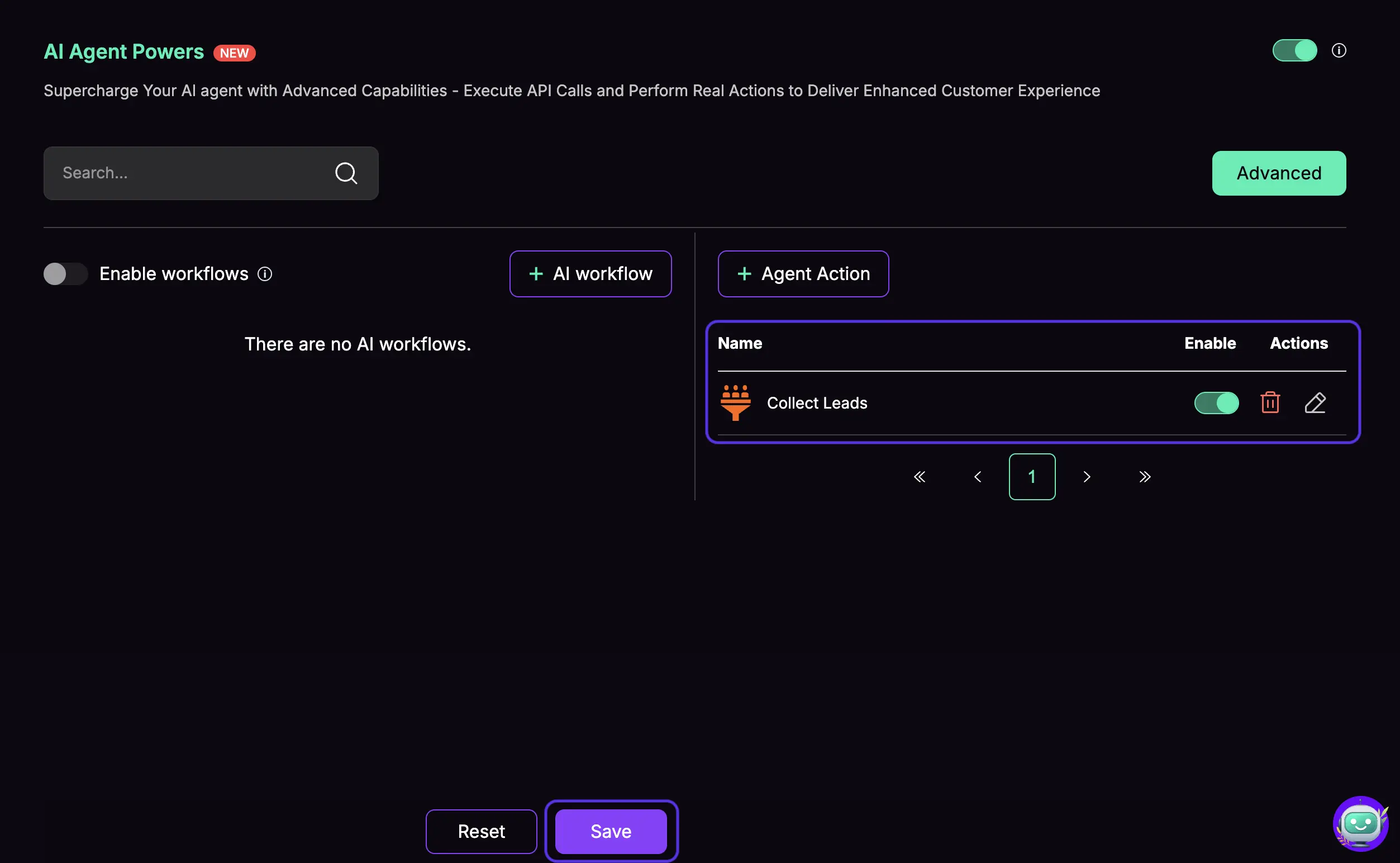 AI Agent actions screen