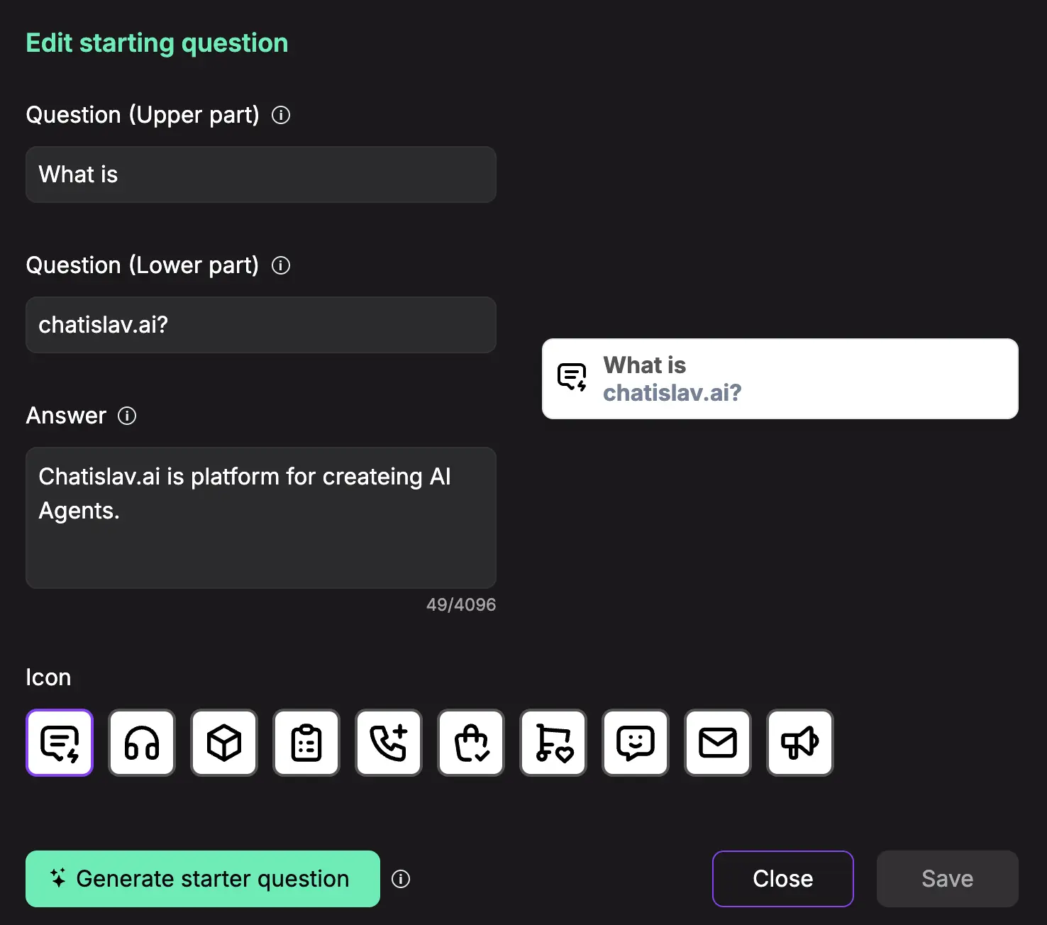 starter questions edit modal