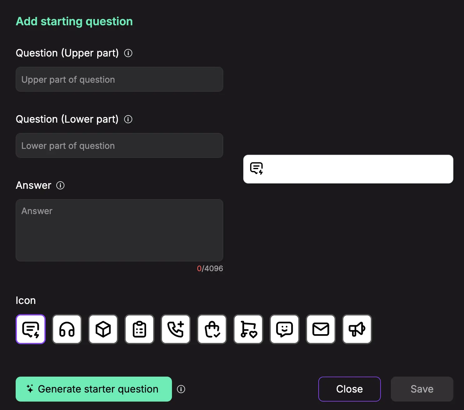 starter questions modal