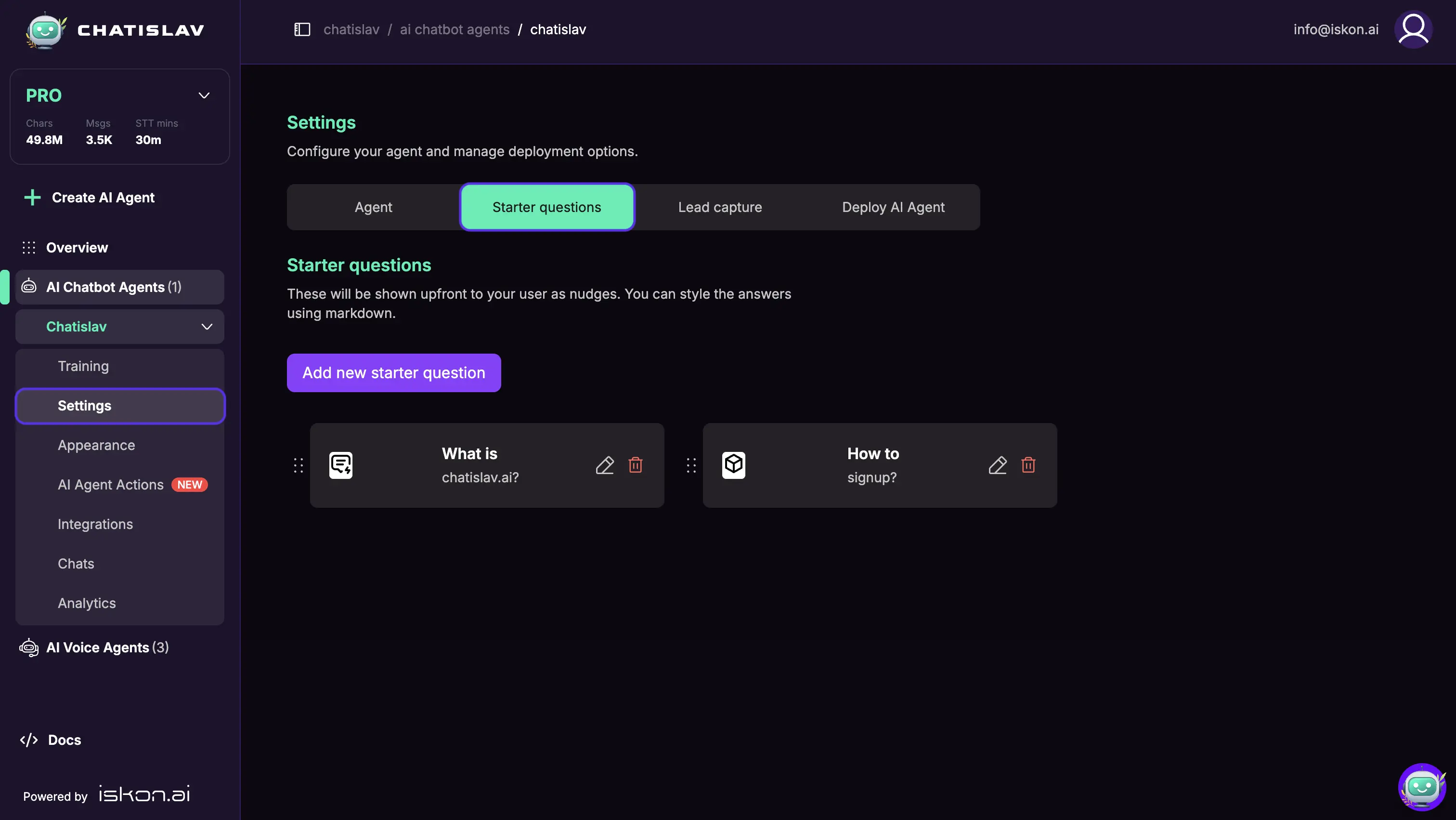 starter questions screen