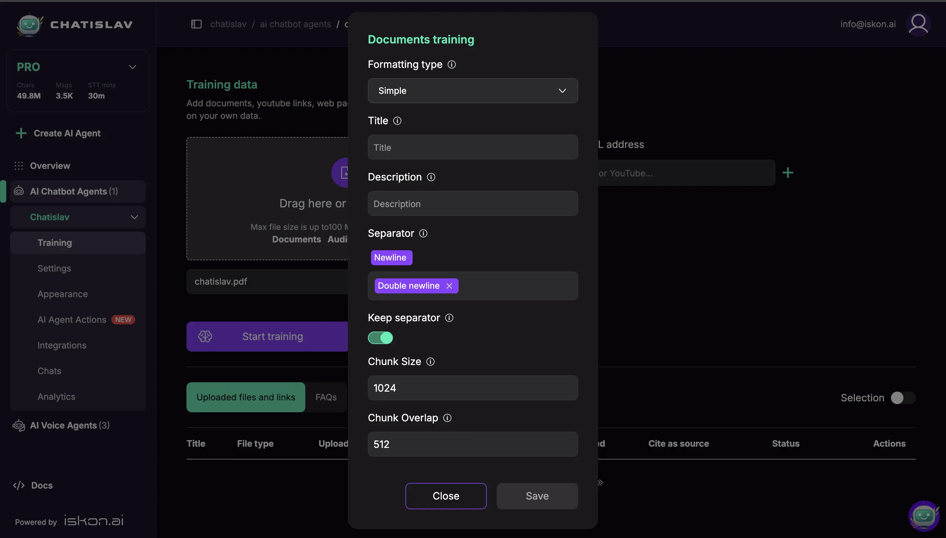 Preprocessing settings modal